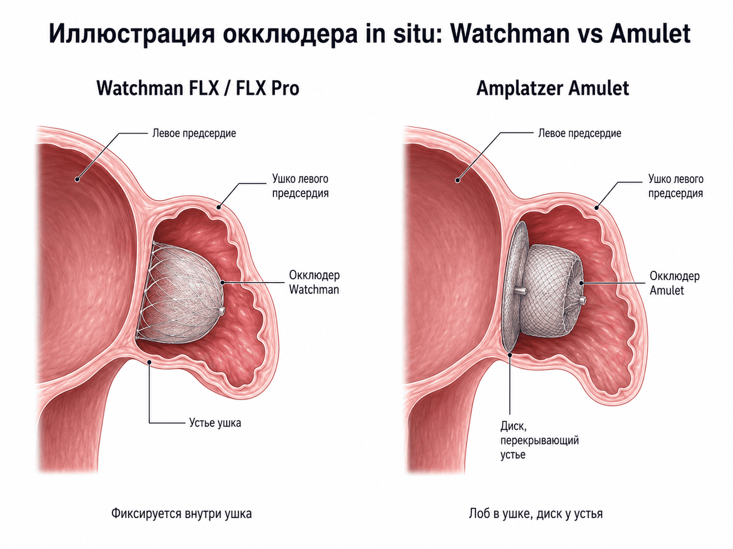 Сравнение систем чрескожного закрытия ушка левого предсердия Watchman и Amulet